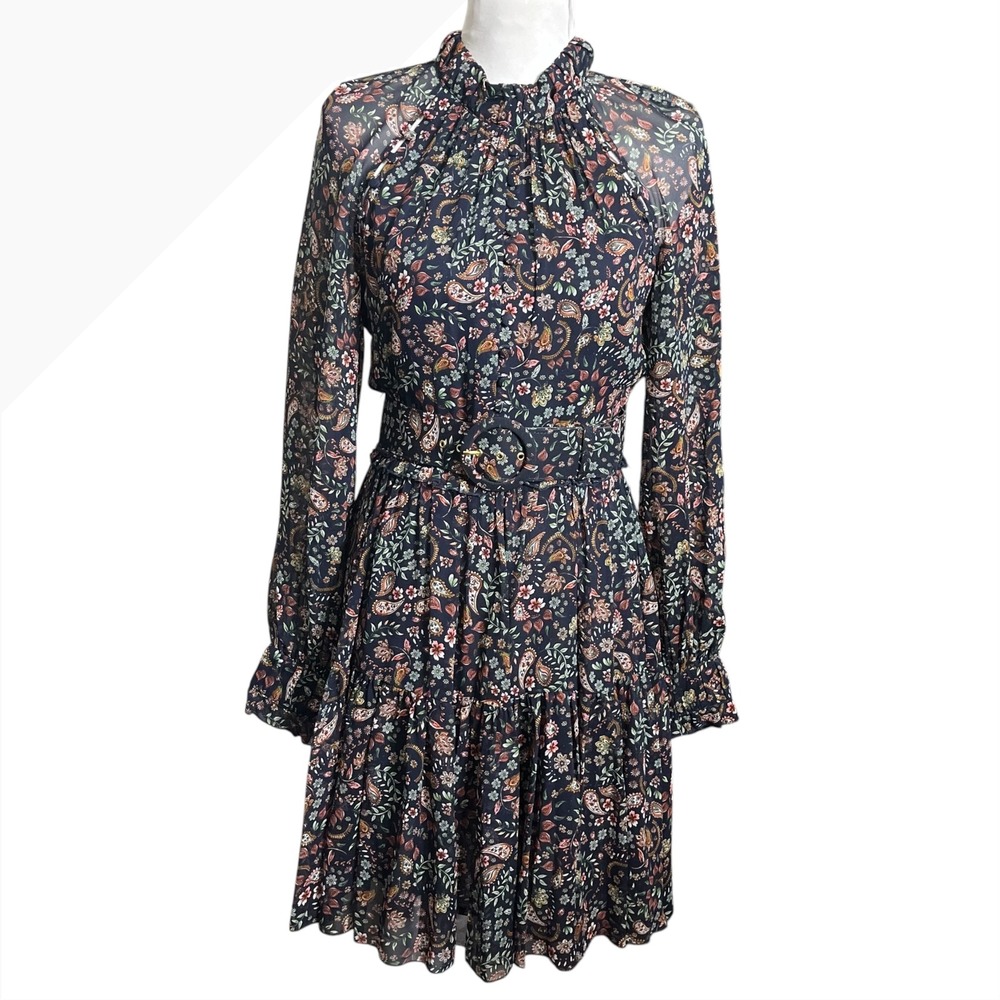 Nicholas Silk Floral Paisley Belted Mini Dress Navy Blue‎ Long Sleeve Size 4 - Picture 2 of 13